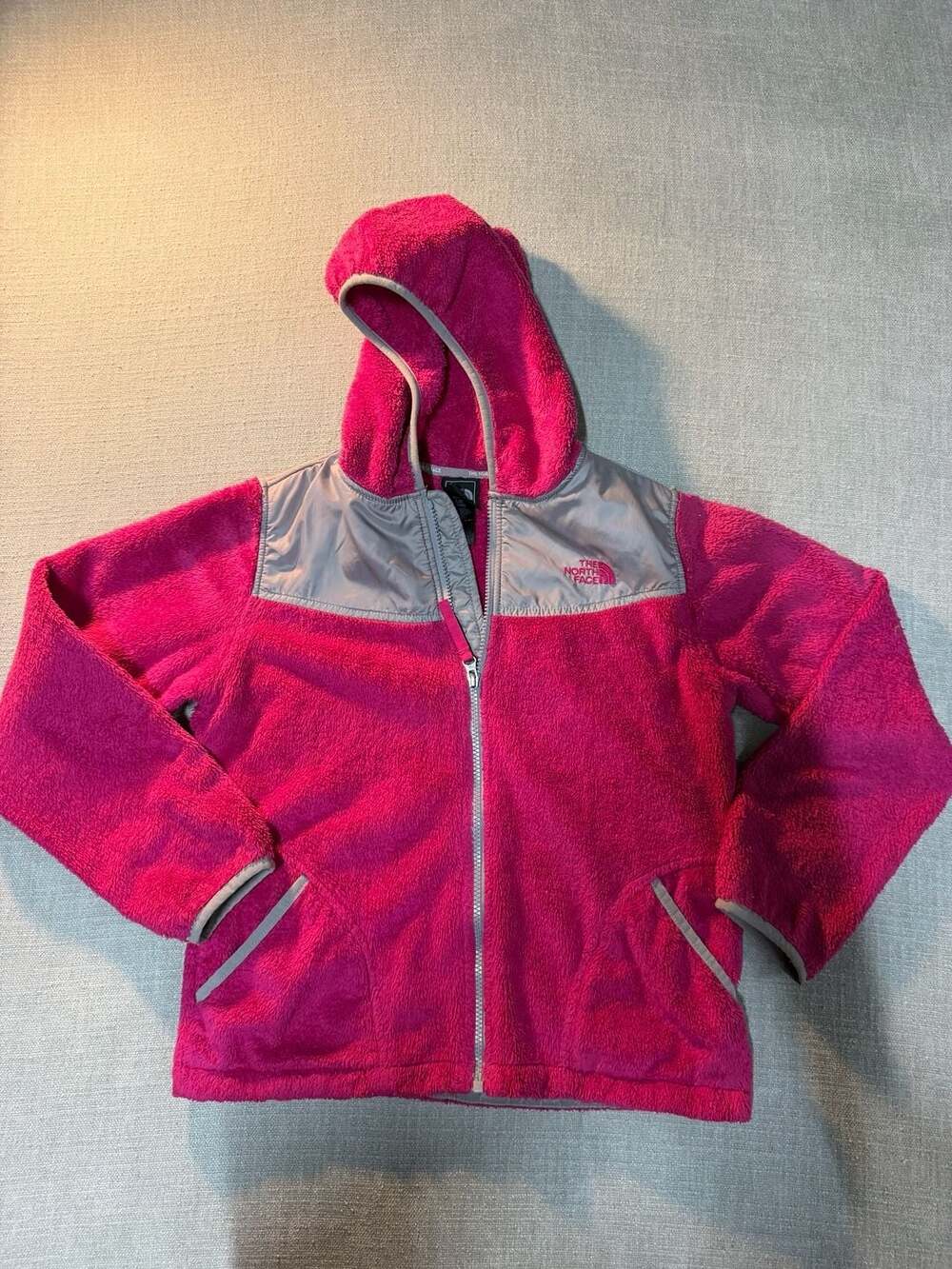 The North Face Girls Pink and Grey Oso Fleece Hooded Jacket Size L (14/16)
